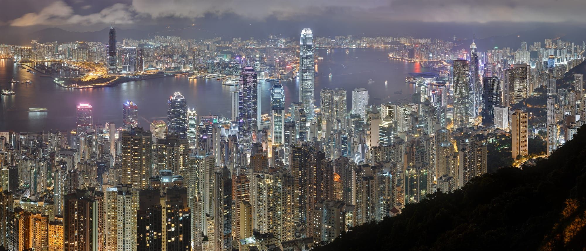 The Hong Kong skyline at night seen from Victoria Peak
